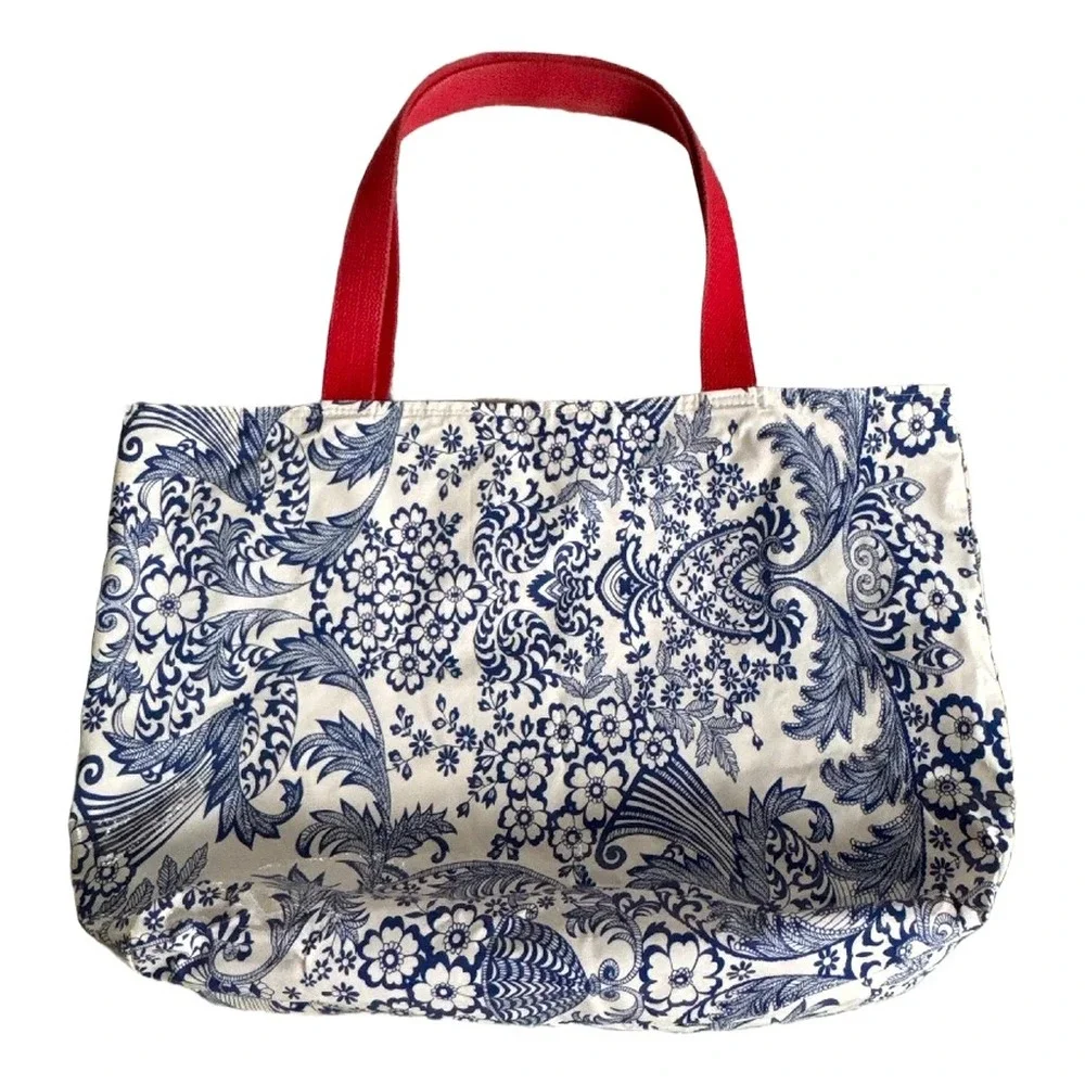 Blue French Toile Oilcloth Tote Bag Reversible Red Gingham Canvas Handles Large